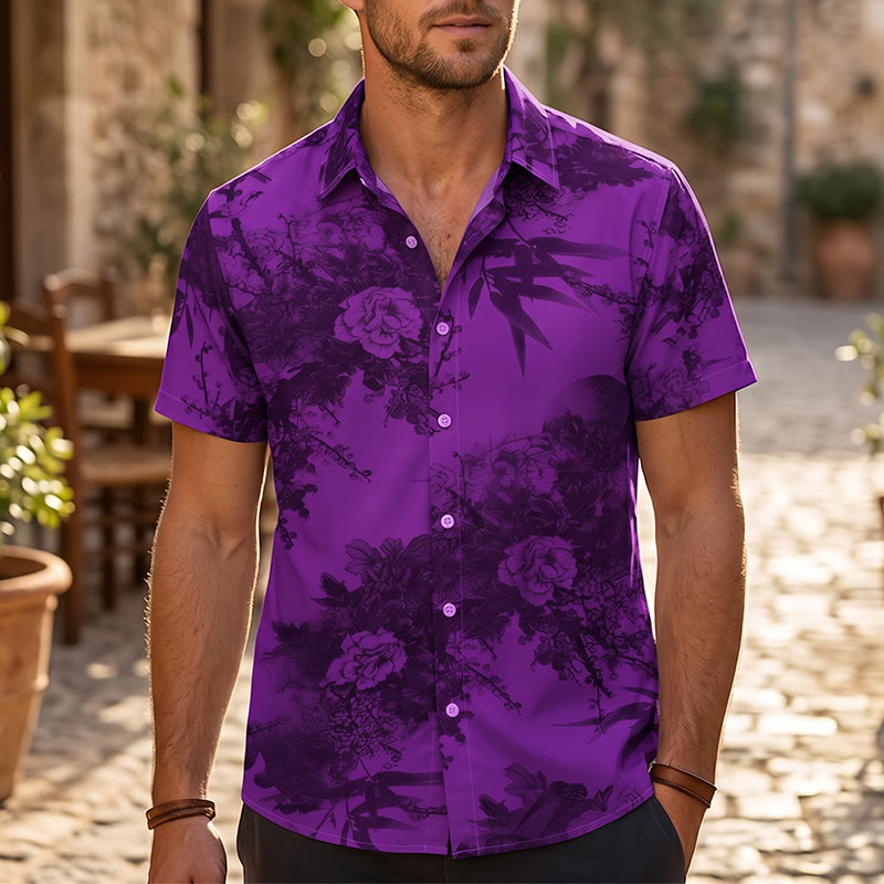 Camicia da uomo a maniche corte con stampa floreale scura per le vacanze - Viola - 5XL - image 4