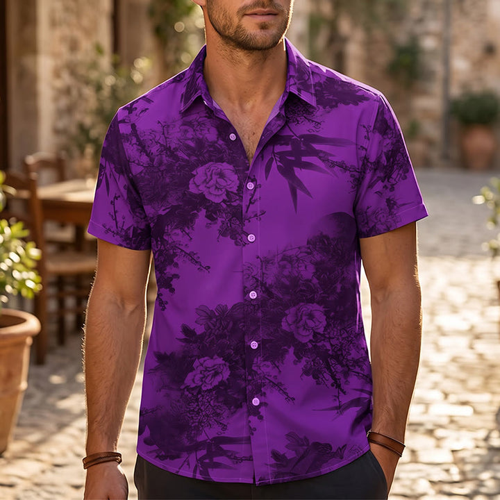 Camicia da uomo a maniche corte con stampa floreale scura per le vacanze - Viola - 5XL - image 4