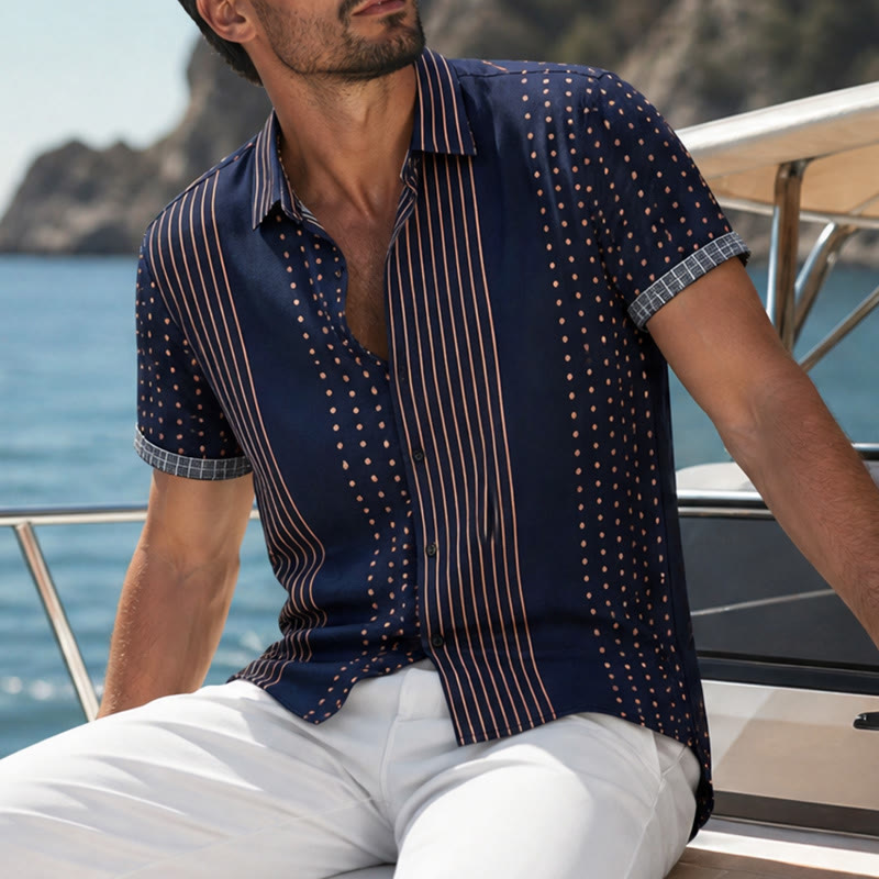 Camicia a maniche corte a righe e pois di ispirazione etnica - Blu navy - 5XL - image 4