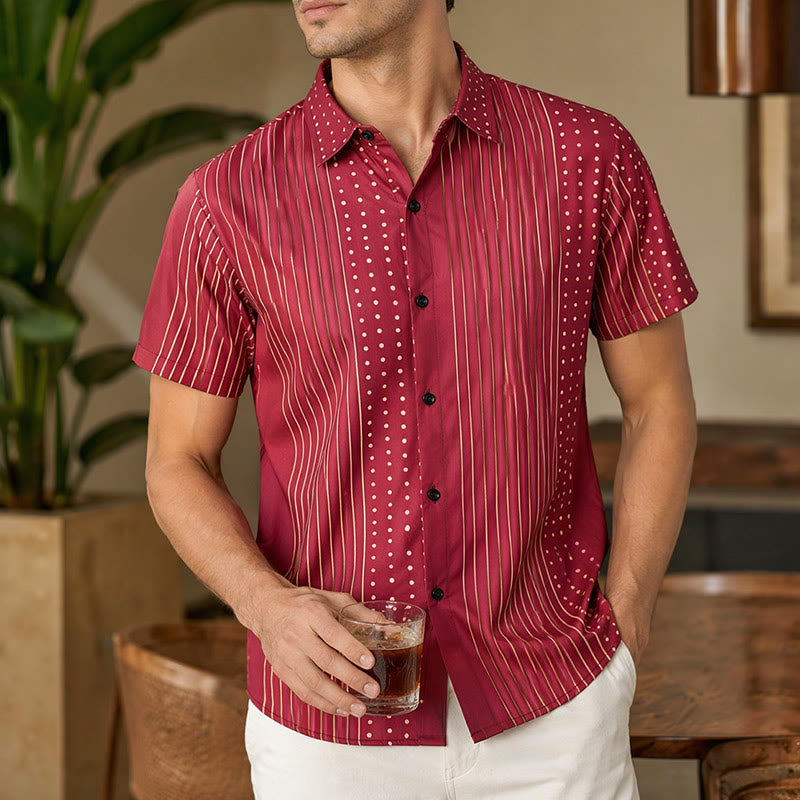 Camicia a maniche corte a righe e pois di ispirazione etnica - Borgogna - 5XL - image 0