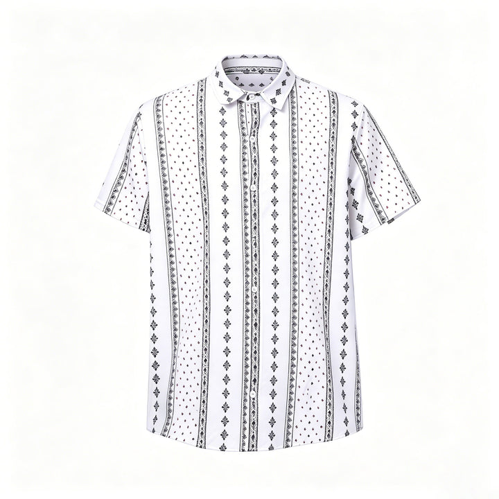Camicia bianca a maniche corte con motivo etnico di ispirazione bohémien. - image 8