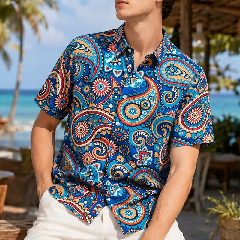 Camicia da vacanza in stile bohémien color verde acqua con stampa paisley integrale. - Verde acqua - 5XL - image 0