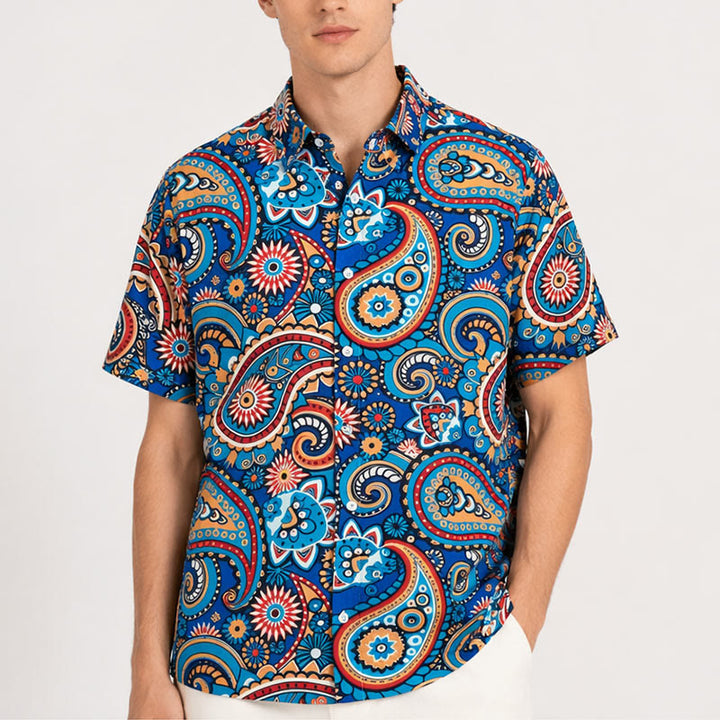 Camicia da vacanza in stile bohémien color verde acqua con stampa paisley integrale. - image 1