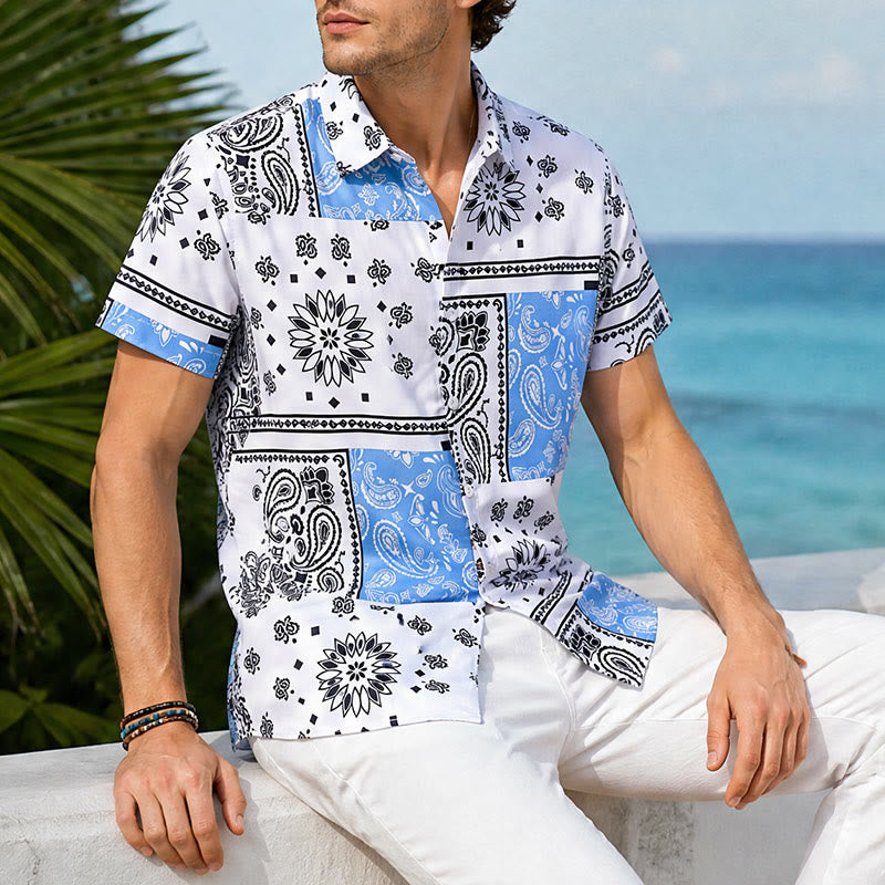 Camicia a bandana blu e bianca con stampa paisley patchwork - Blu e bianco - 5XL - image 0
