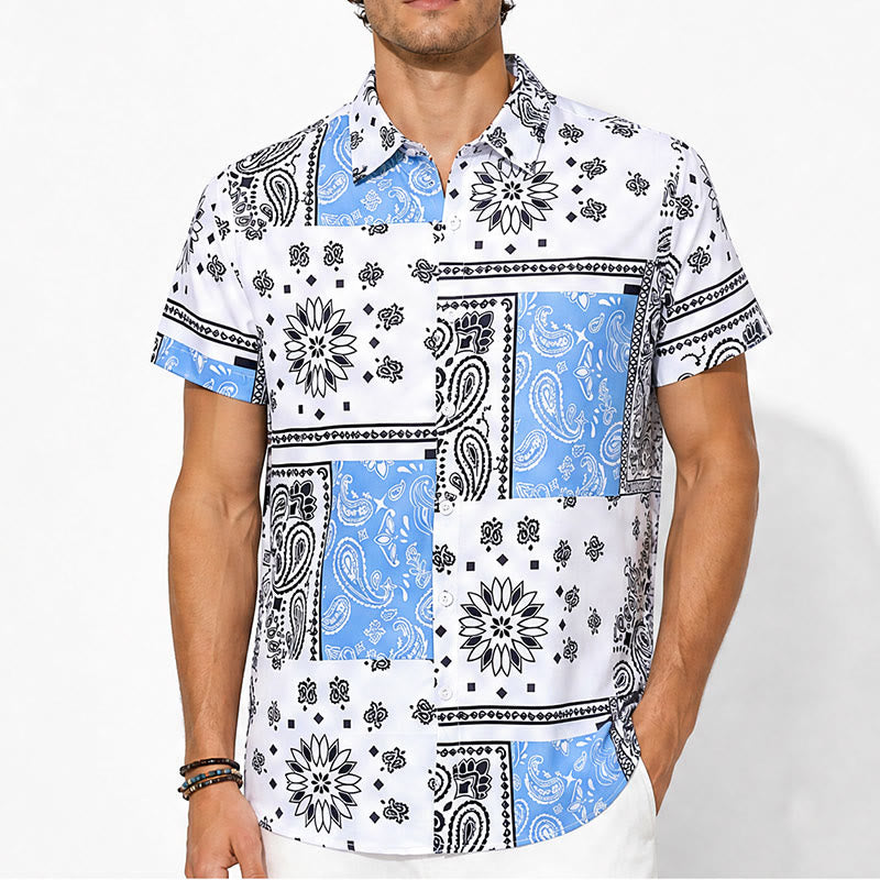 Camicia a bandana blu e bianca con stampa paisley patchwork - image 1