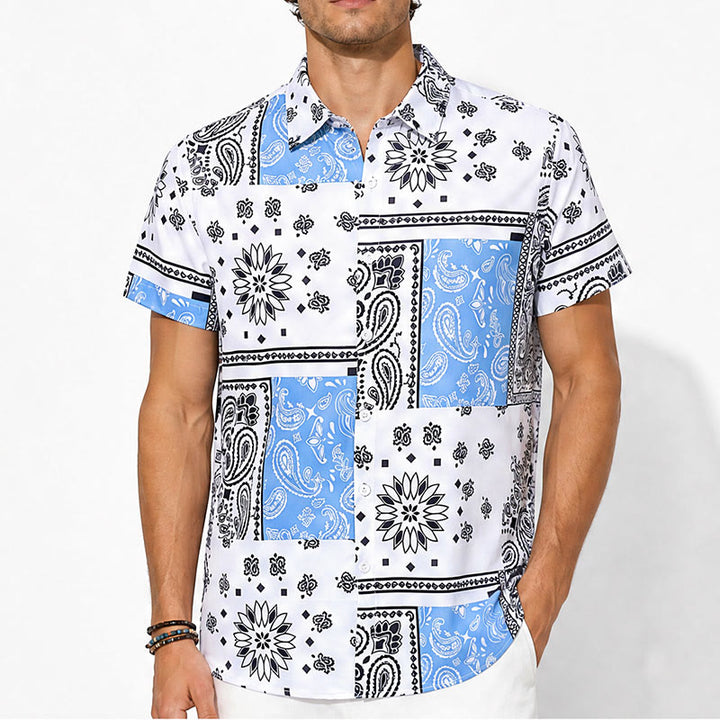 Camicia a bandana blu e bianca con stampa paisley patchwork - image 1