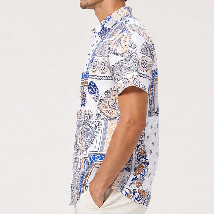 Camicia con stampa paisley e patchwork geometrico blu e arancione - image 2