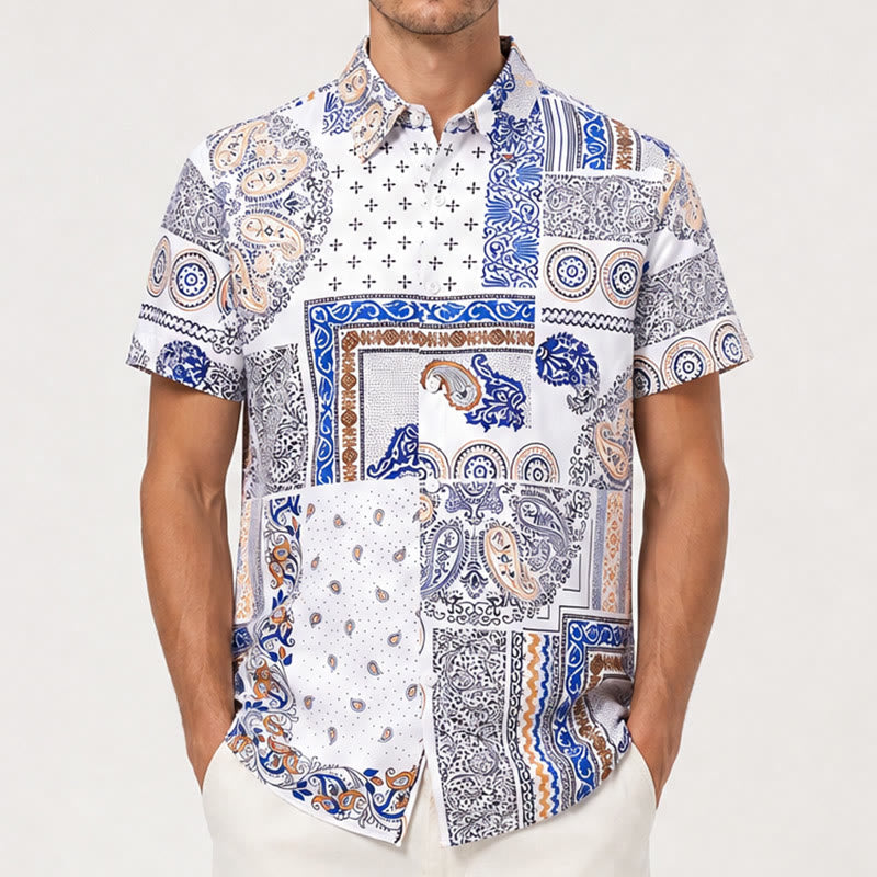 Camicia con stampa paisley e patchwork geometrico blu e arancione - image 1