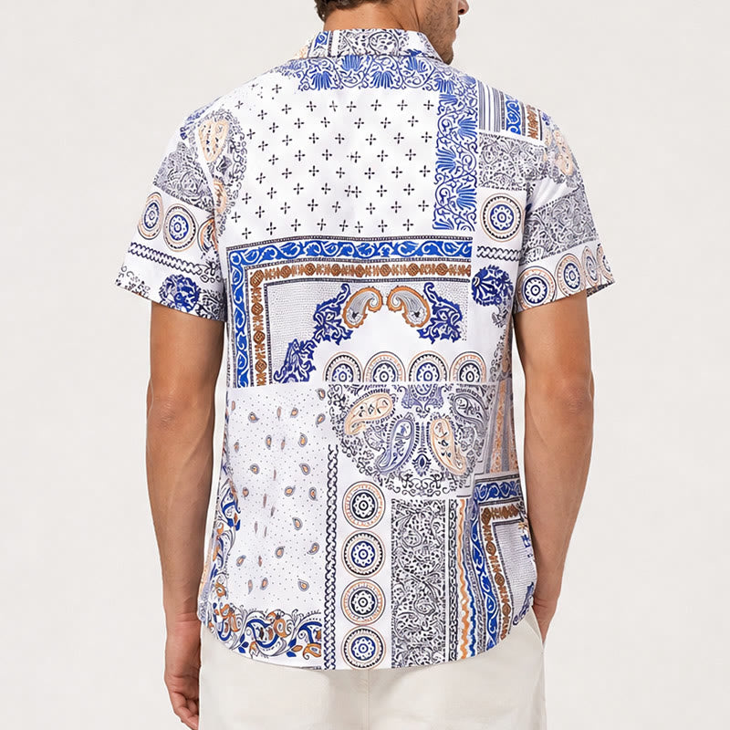 Camicia con stampa paisley e patchwork geometrico blu e arancione - image 3