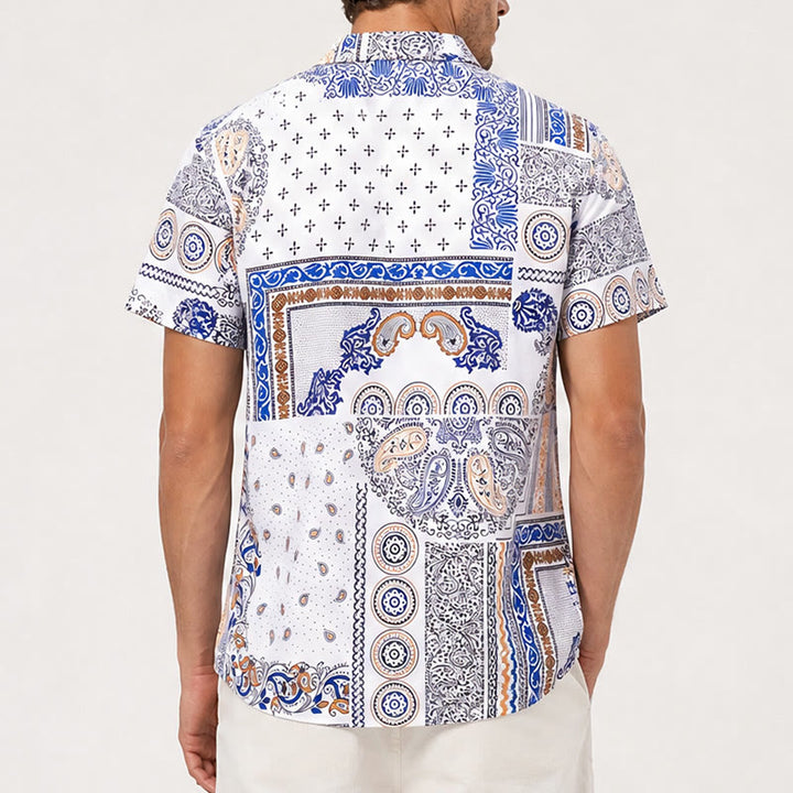 Camicia con stampa paisley e patchwork geometrico blu e arancione - image 3