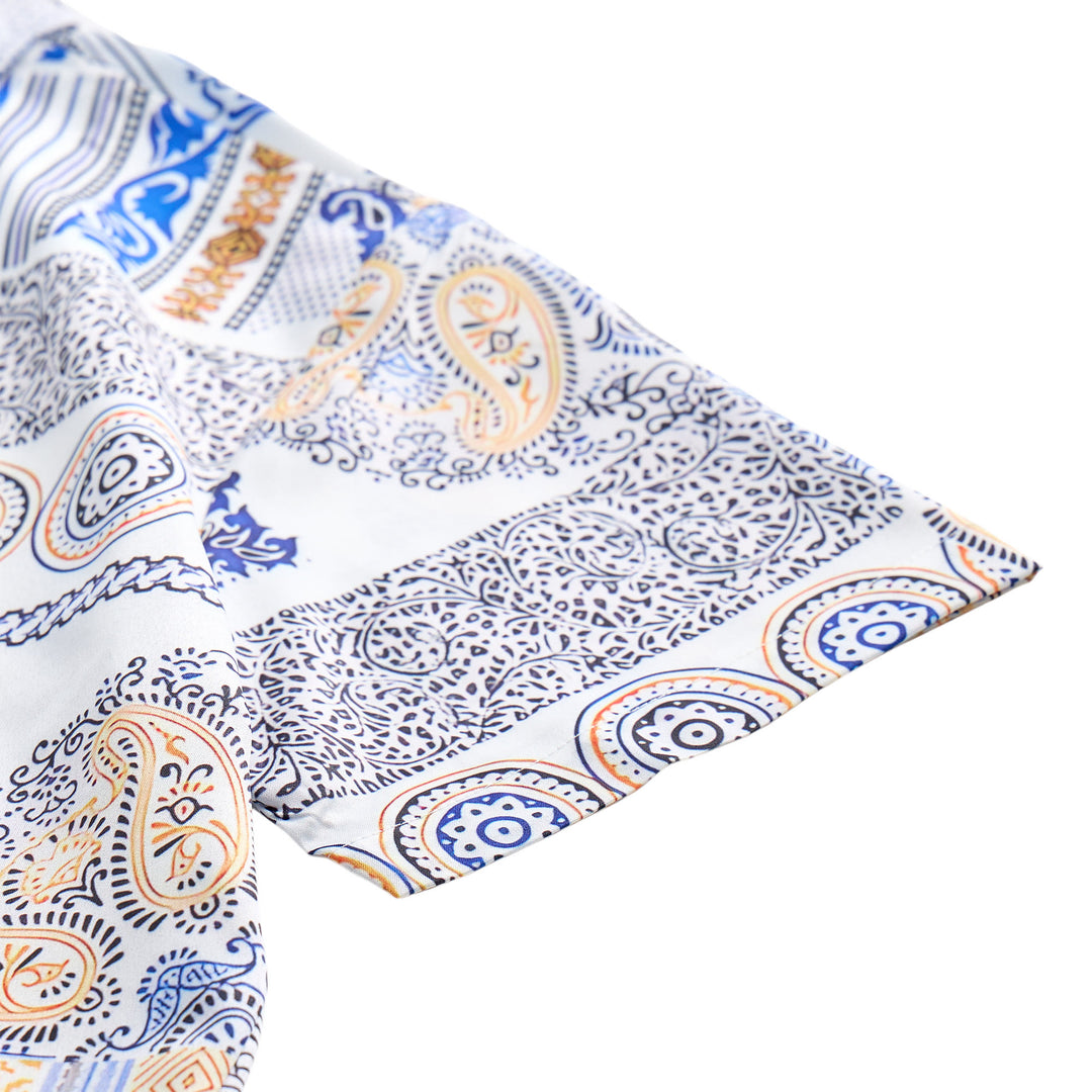 Camicia con stampa paisley e patchwork geometrico blu e arancione - image 7