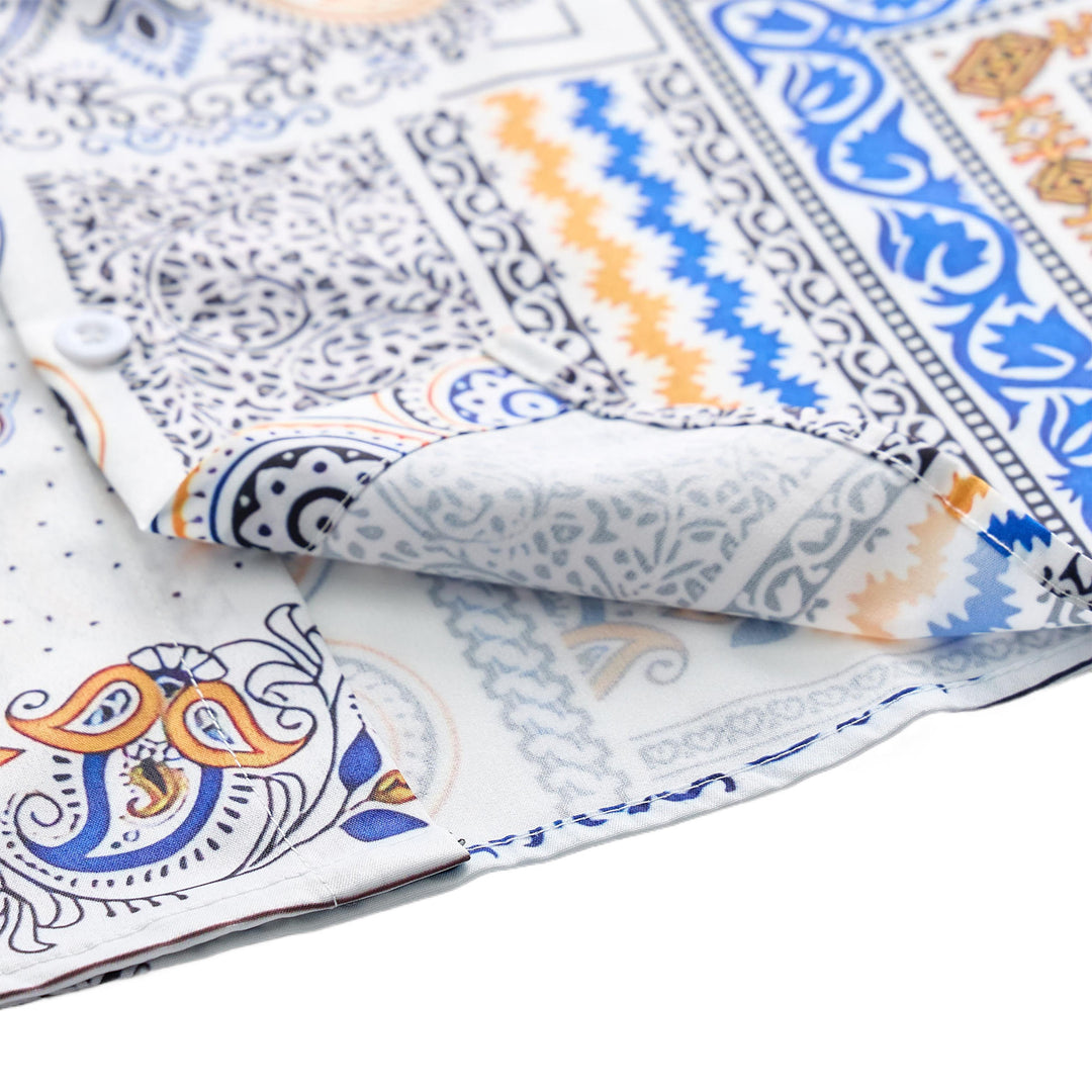 Camicia con stampa paisley e patchwork geometrico blu e arancione - image 6