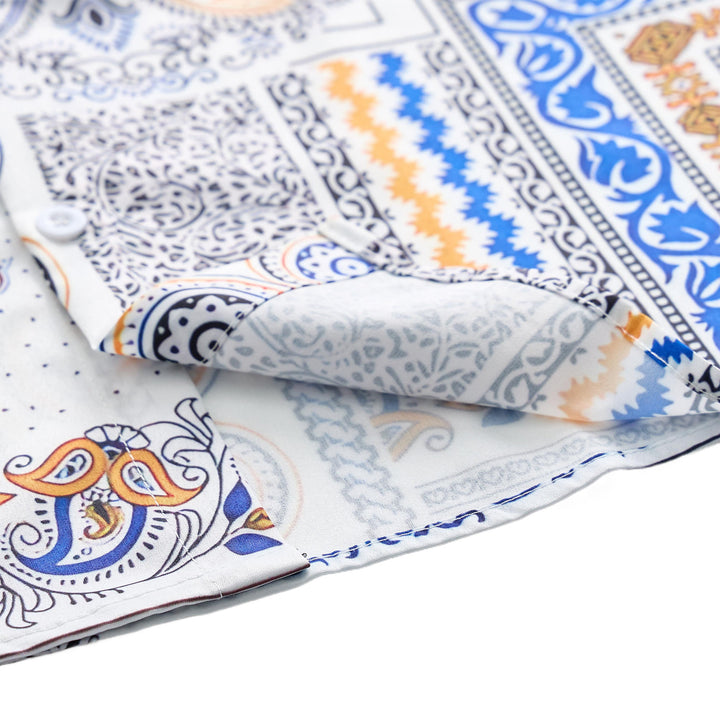 Camicia con stampa paisley e patchwork geometrico blu e arancione - image 6