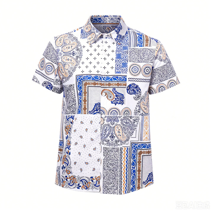Camicia con stampa paisley e patchwork geometrico blu e arancione - image 8