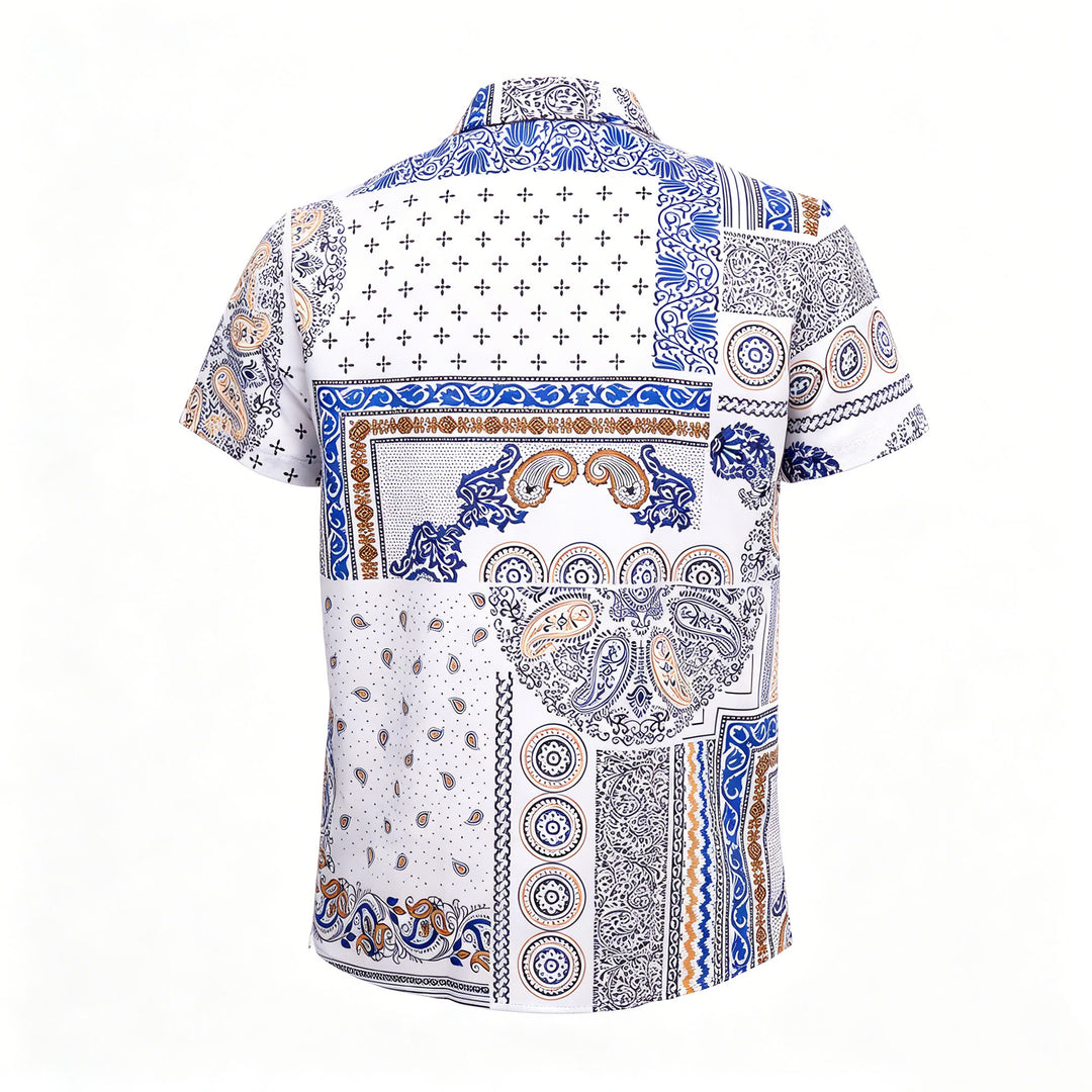 Camicia con stampa paisley e patchwork geometrico blu e arancione - image 9