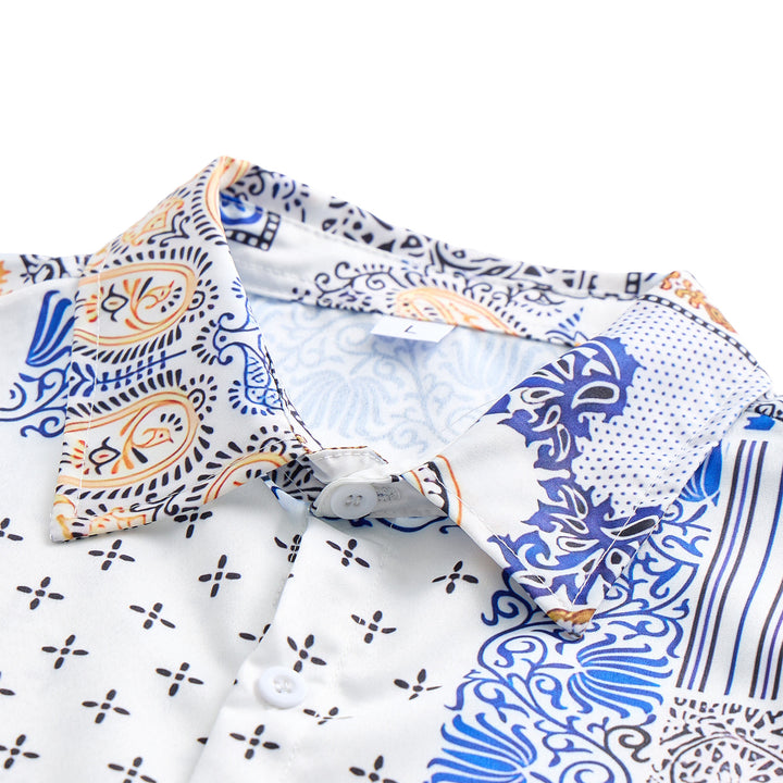 Camicia con stampa paisley e patchwork geometrico blu e arancione - image 4