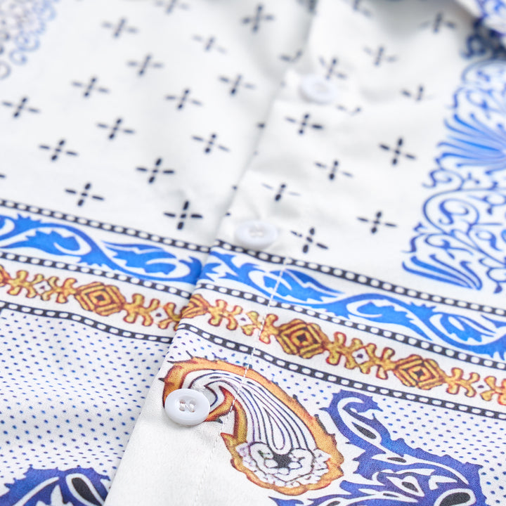 Camicia con stampa paisley e patchwork geometrico blu e arancione - image 5