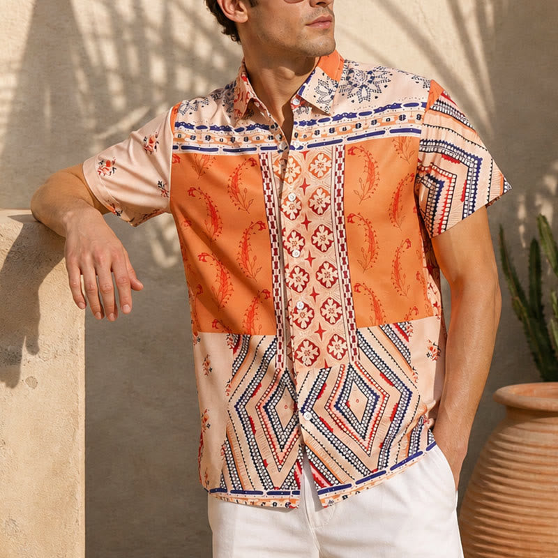 Camicia estiva con stampa floreale e geometrica nei toni della terra - Tonalità della terra - 5XL - image 0
