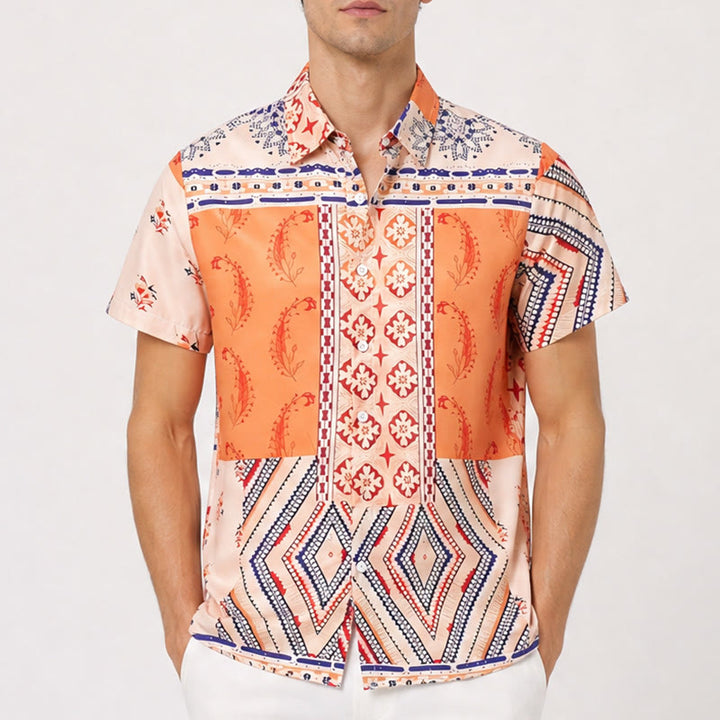 Camicia estiva con stampa floreale e geometrica nei toni della terra - image 1