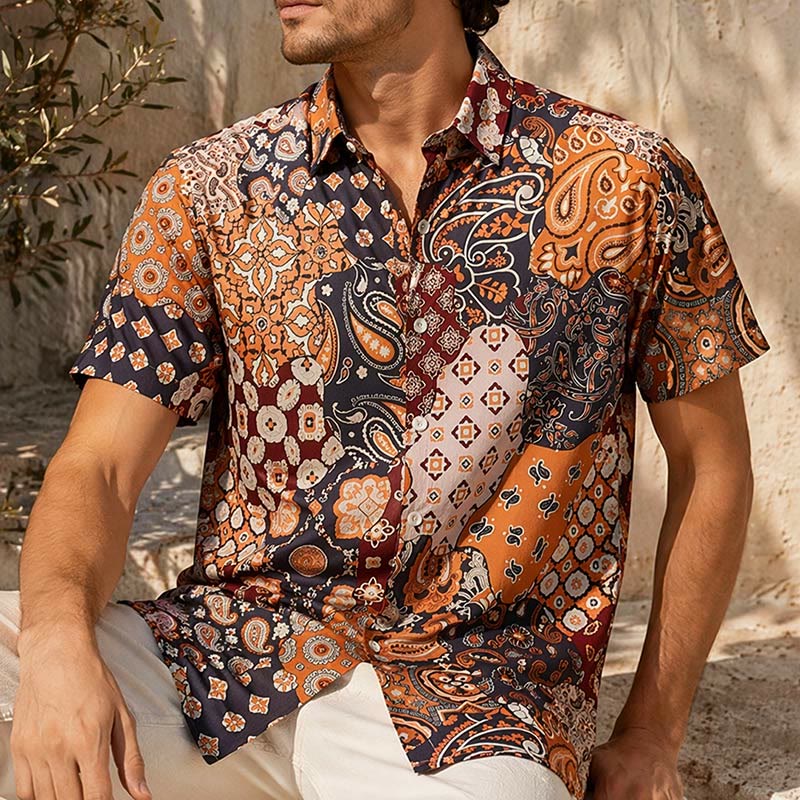 Camicia casual marrone scuro con stampa paisley patchwork. - Marrone scuro - 5XL - image 0