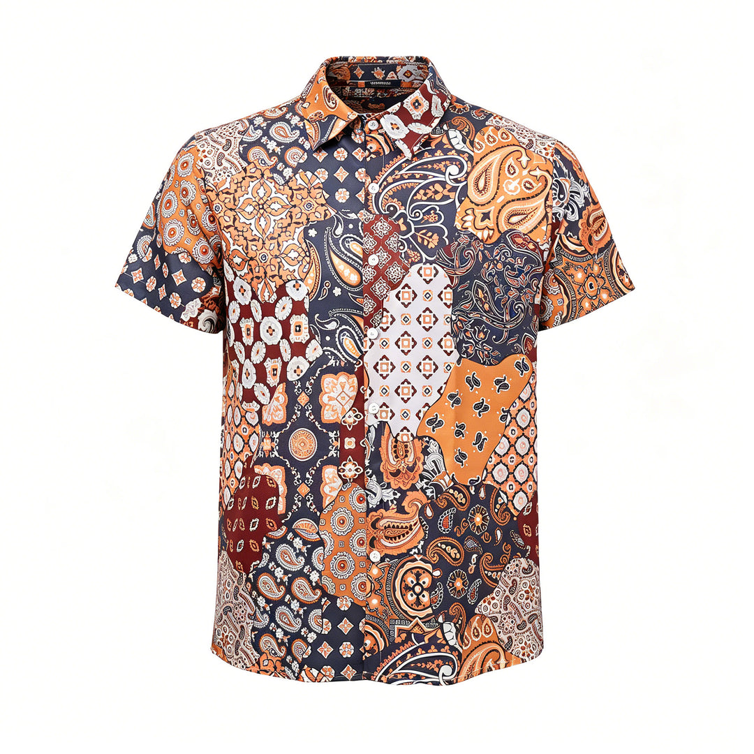 Camicia casual marrone scuro con stampa paisley patchwork. - image 9