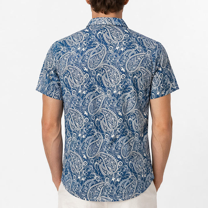 Camicia a maniche corte blu navy e beige con stampa paisley, dallo stile casual. - image 3