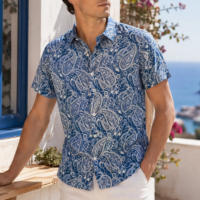 Camicia a maniche corte blu navy e beige con stampa paisley, dallo stile casual. - Blu navy e beige - 5XL - image 0