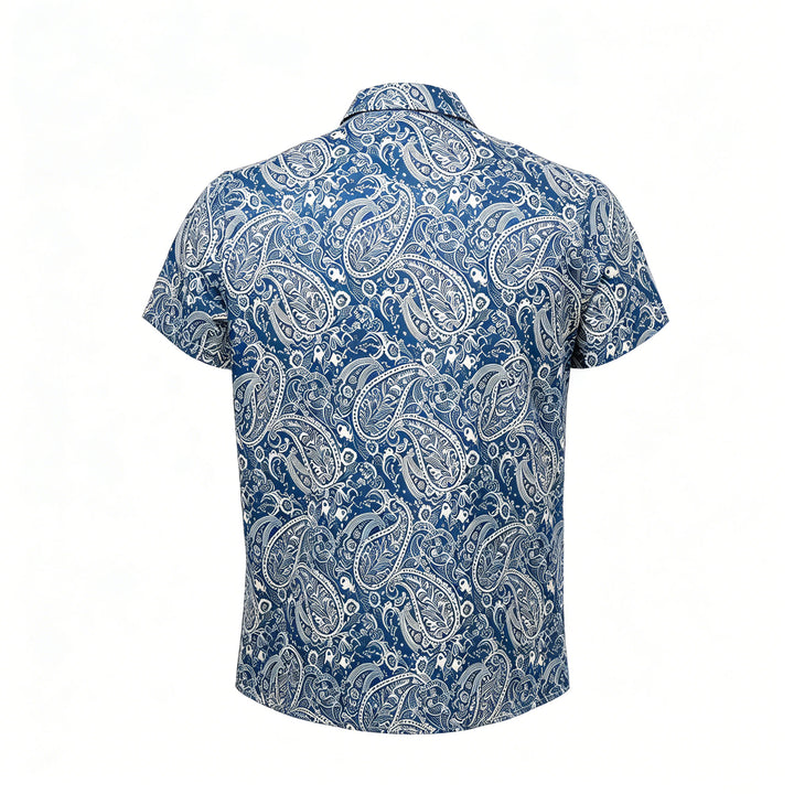 Camicia a maniche corte blu navy e beige con stampa paisley, dallo stile casual. - image 9