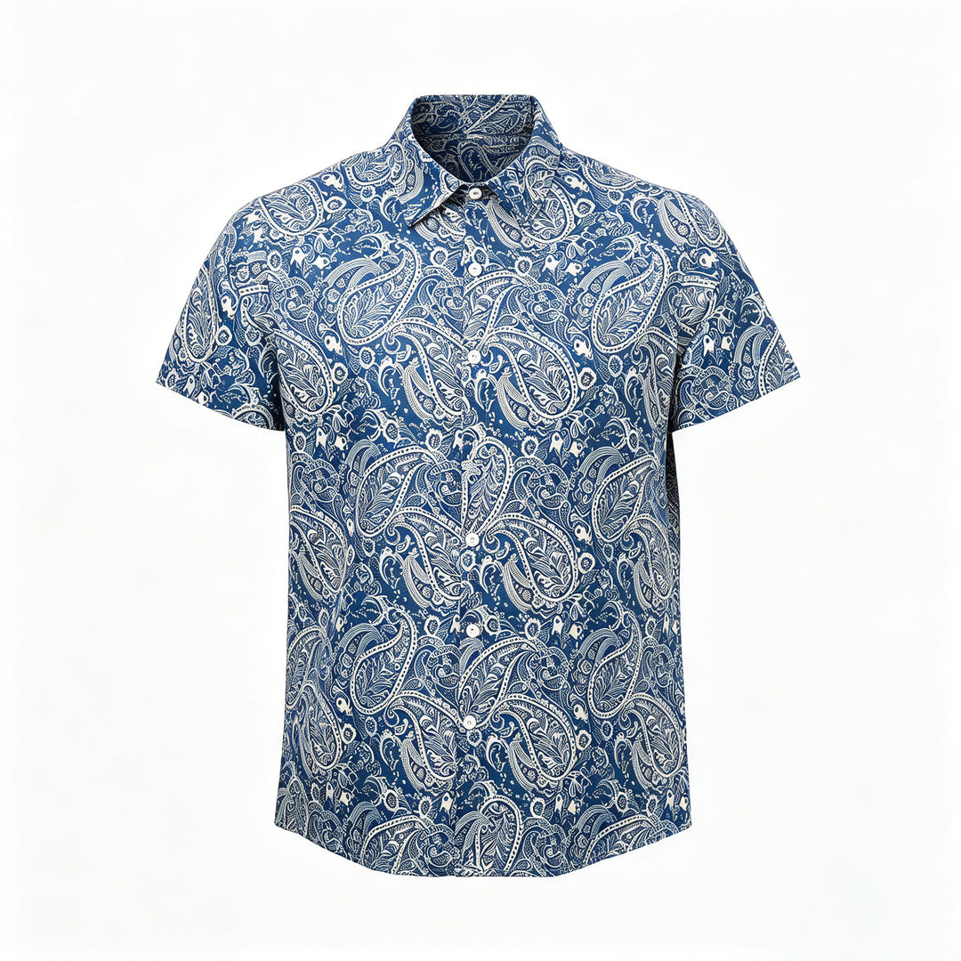 Camicia a maniche corte blu navy e beige con stampa paisley, dallo stile casual. - image 8