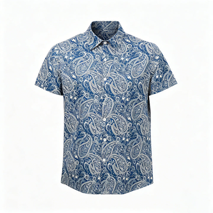 Camicia a maniche corte blu navy e beige con stampa paisley, dallo stile casual. - image 8
