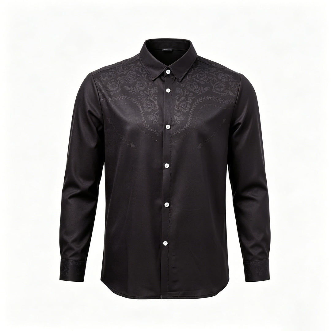 Camicia elegante da uomo nera con stampa floreale e carré in stile western - image 8