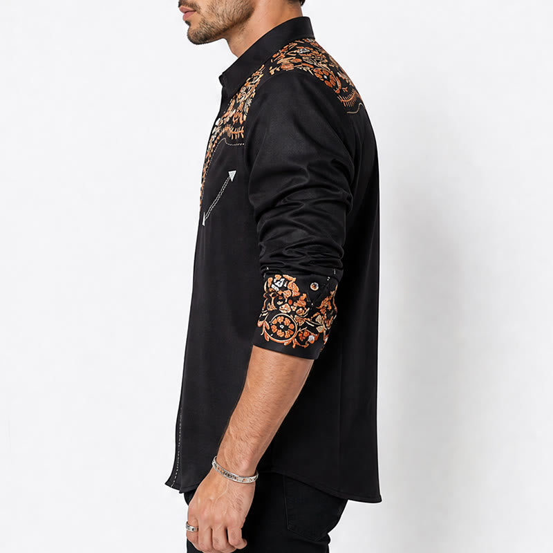 Camicia elegante da uomo stile rodeo con stampa floreale nera e rossa - image 2