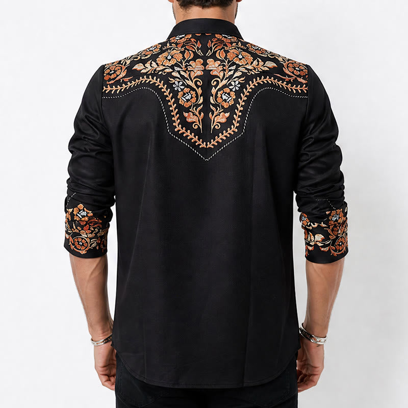 Camicia elegante da uomo stile rodeo con stampa floreale nera e rossa - image 3