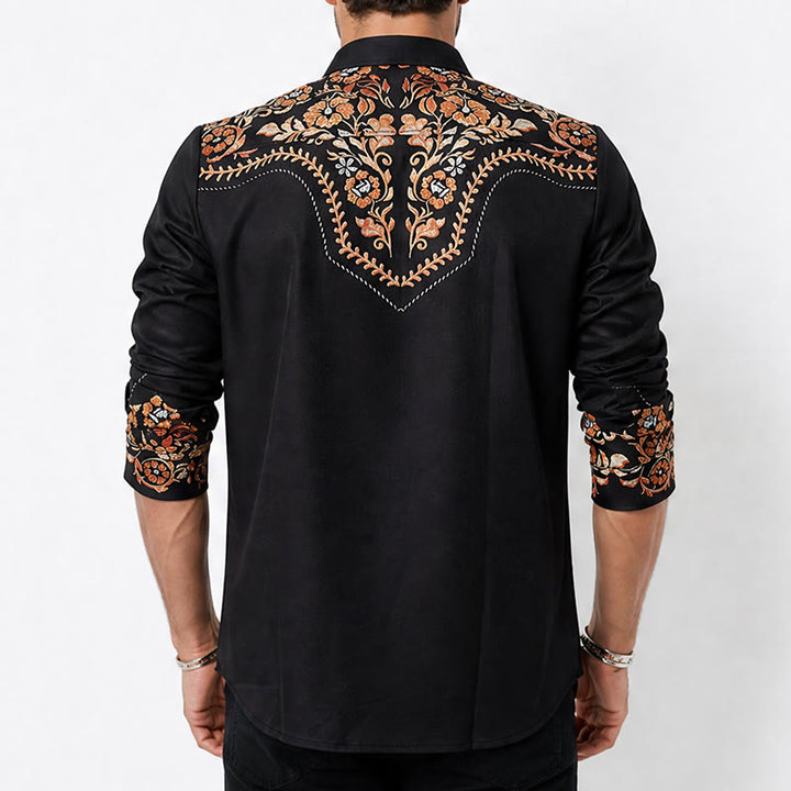 Camicia elegante da uomo stile rodeo con stampa floreale nera e rossa - image 3