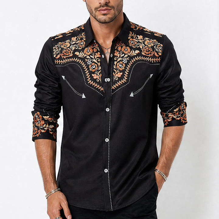 Camicia elegante da uomo stile rodeo con stampa floreale nera e rossa - image 1