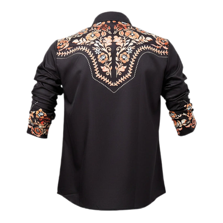 Camicia elegante da uomo stile rodeo con stampa floreale nera e rossa - image 9