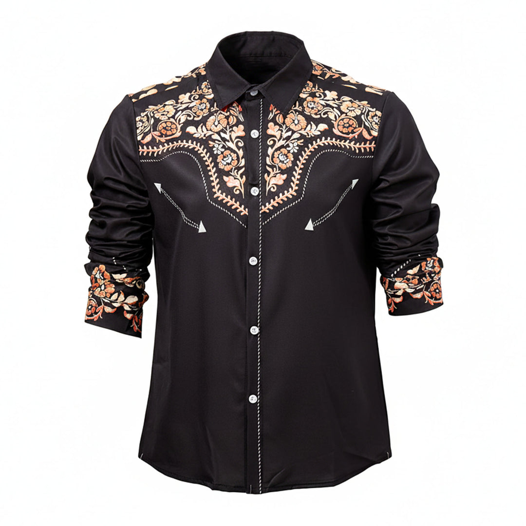 Camicia elegante da uomo stile rodeo con stampa floreale nera e rossa - image 8