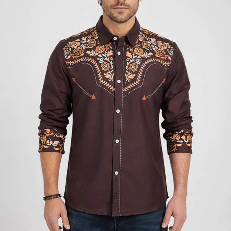 Camicia elegante da uomo in stile western con carré e stampa floreale marrone - image 1