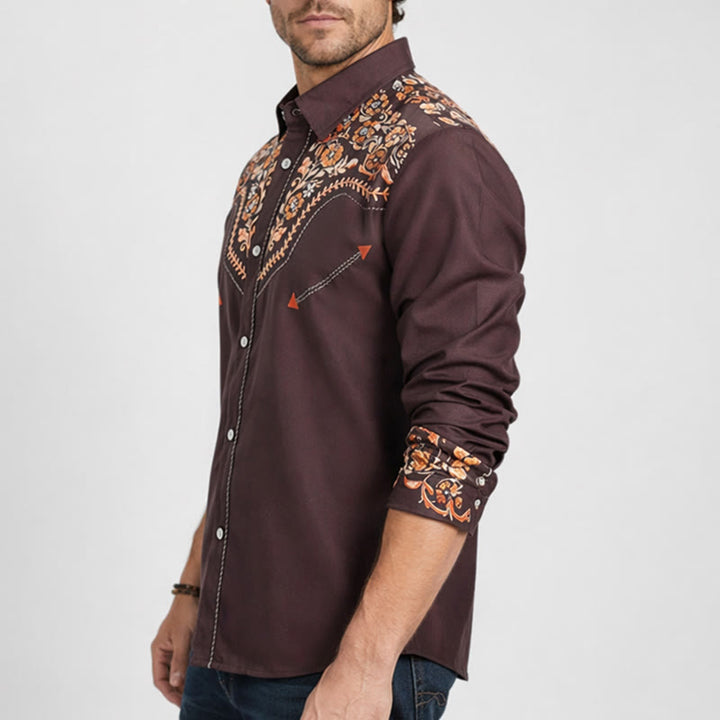 Camicia elegante da uomo in stile western con carré e stampa floreale marrone - image 2