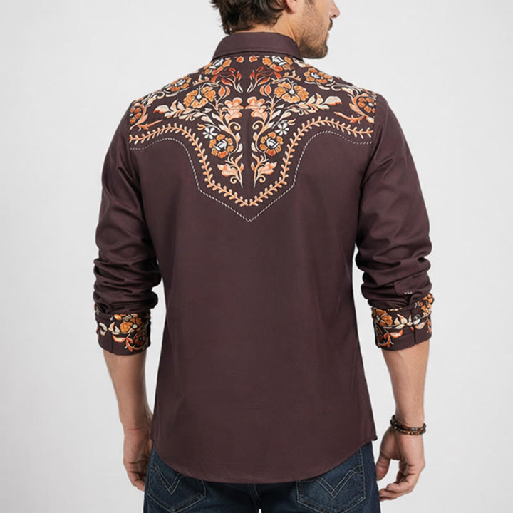 Camicia elegante da uomo in stile western con carré e stampa floreale marrone - image 3