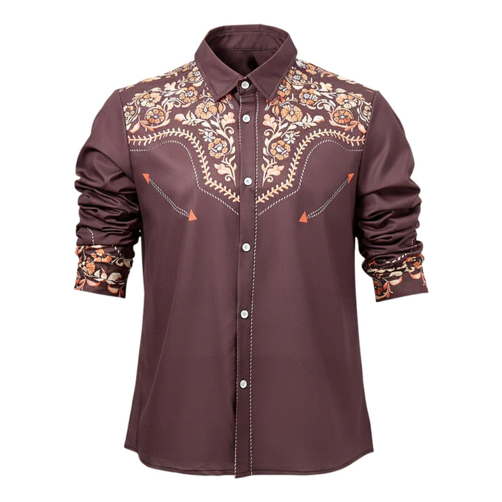 Camicia elegante da uomo in stile western con carré e stampa floreale marrone - image 8