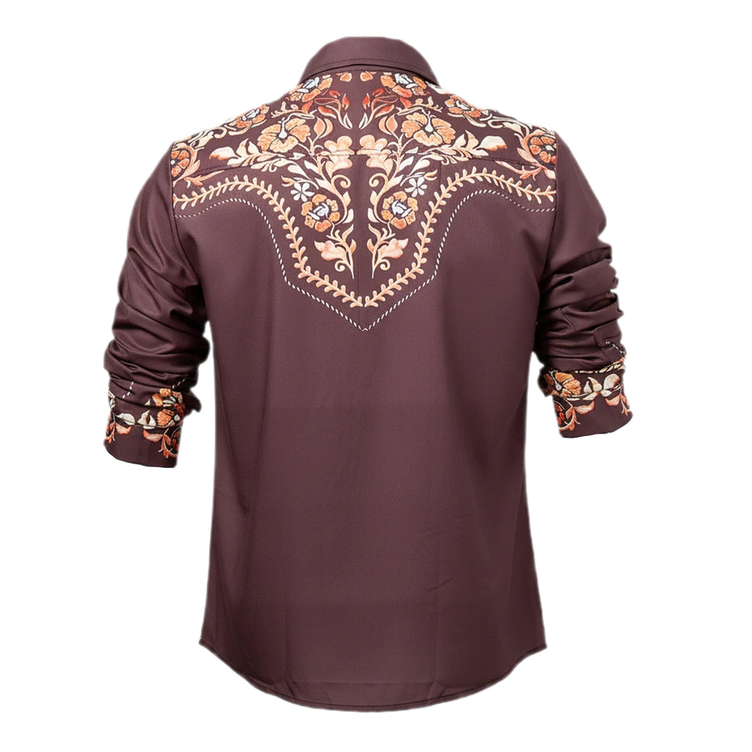 Camicia elegante da uomo in stile western con carré e stampa floreale marrone - image 9