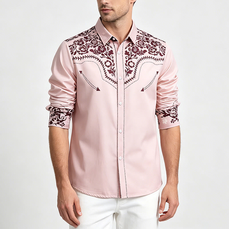 Camicia elegante da uomo in stile country con stampa floreale beige e marrone - image 2
