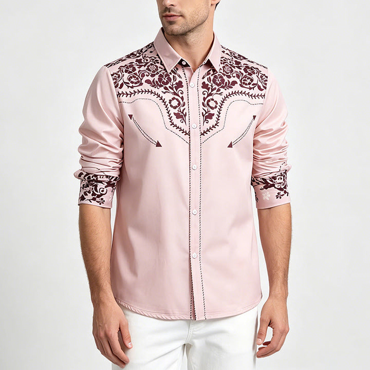 Camicia elegante da uomo in stile country con stampa floreale beige e marrone - image 2