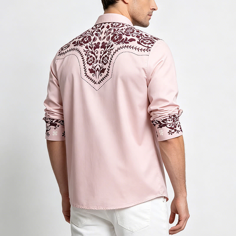 Camicia elegante da uomo in stile country con stampa floreale beige e marrone - image 3