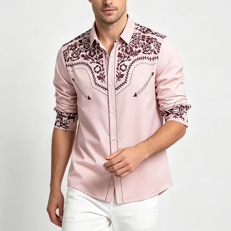 Camicia elegante da uomo in stile country con stampa floreale beige e marrone - image 1