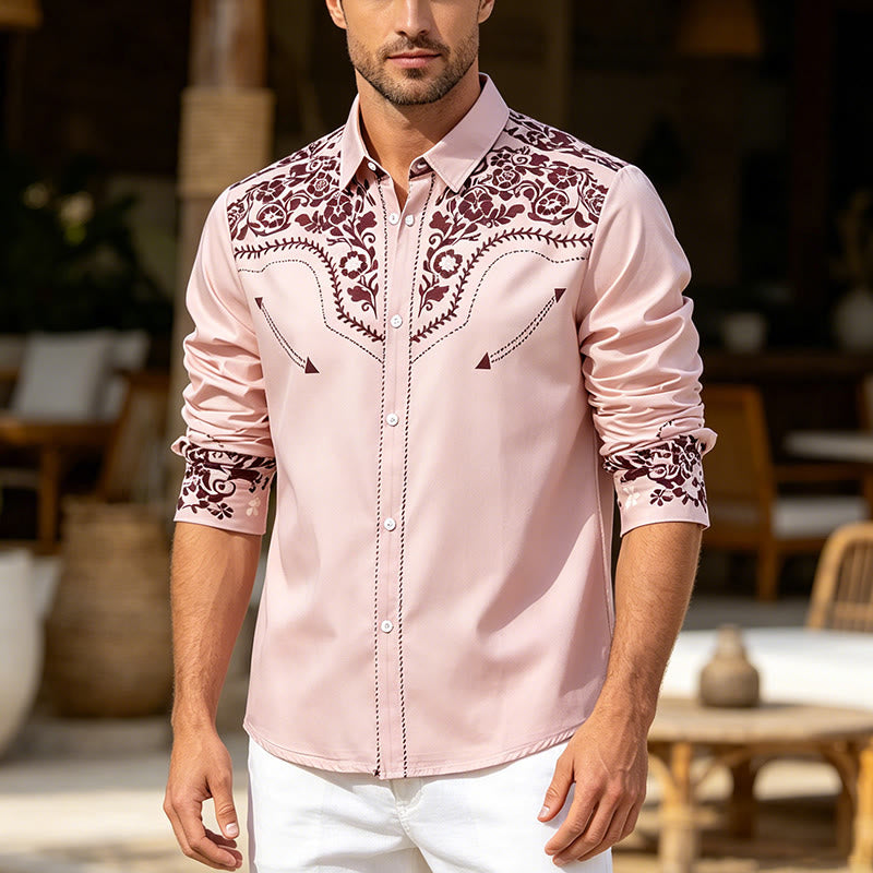 Camicia elegante da uomo in stile country con stampa floreale beige e marrone - Beige - 6XL - image 0