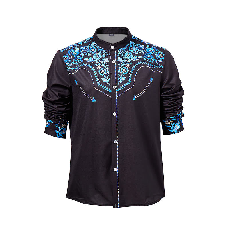 Camicia elegante da uomo in stile western con stampa floreale nera e blu. - image 8