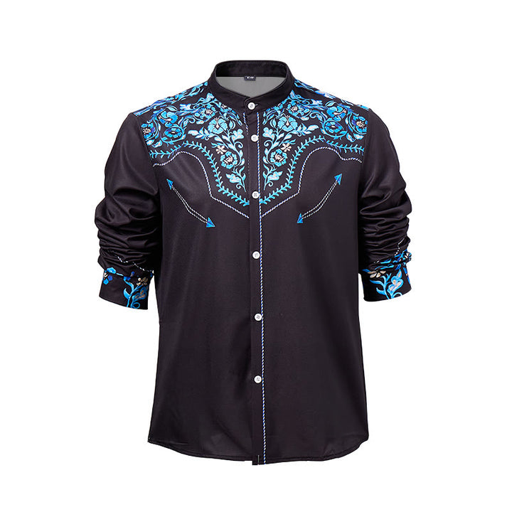 Camicia elegante da uomo in stile western con stampa floreale nera e blu. - image 8