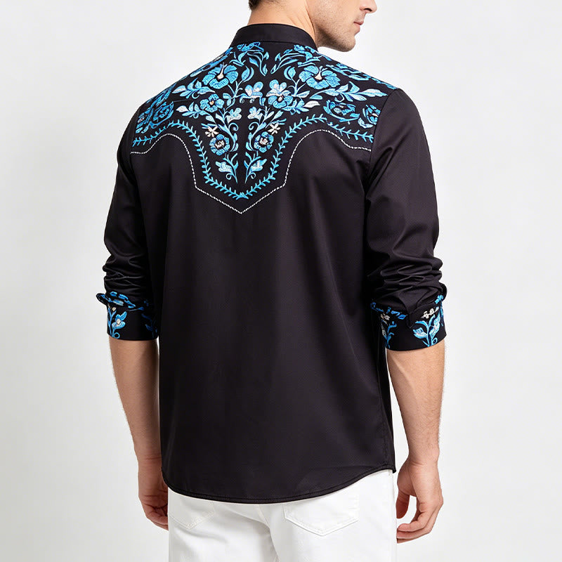 Camicia elegante da uomo in stile western con stampa floreale nera e blu. - image 3